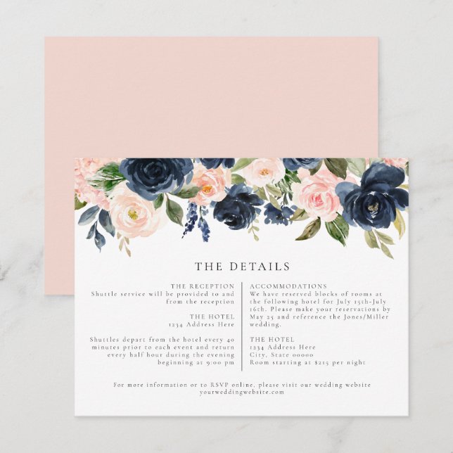 Invitación Detalles del Boda floral Rubor de la Marina Románt (Anverso / Reverso)