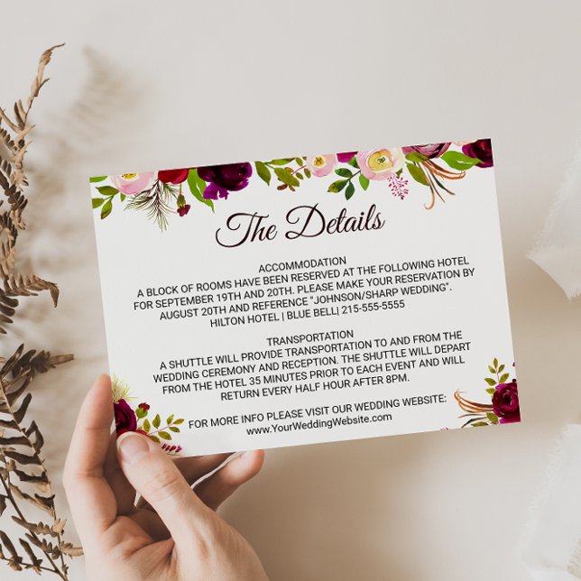 Invitación Detalles del Boda floral simple de Borgoña Inserta (Subido por el creador)