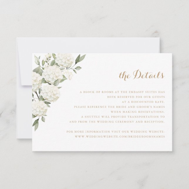 Invitación Detalles del Boda Floral White Hydrangea Greenerat (Anverso)