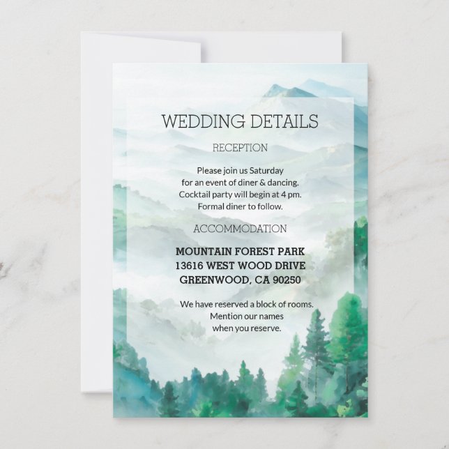 Invitación Detalles del Boda forestal borroso azul verde de W (Anverso)