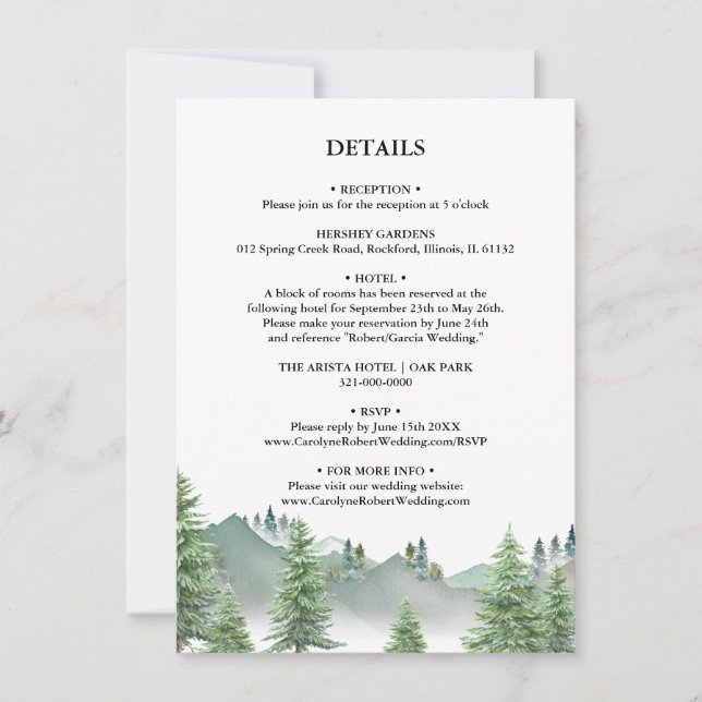 Invitación Detalles del Boda forestal de montaña (Anverso)