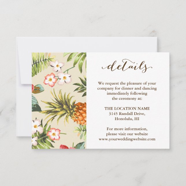 Invitación Detalles del Boda hawaiano de piña con hojas tropi (Anverso)