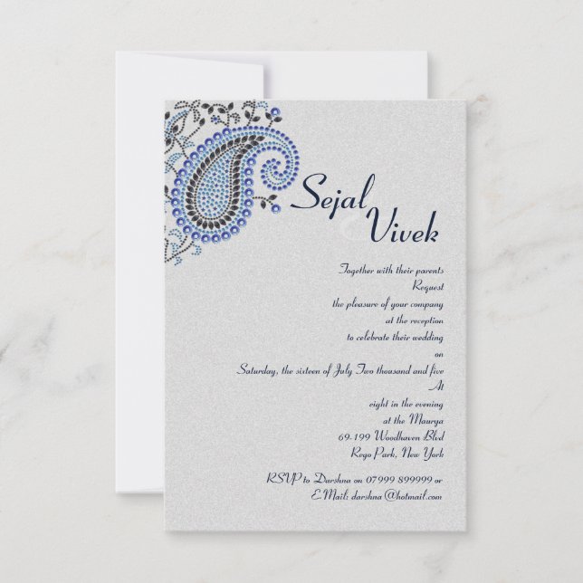 Invitación Detalles del Boda hindú de Silver Blue Paisley (Anverso)