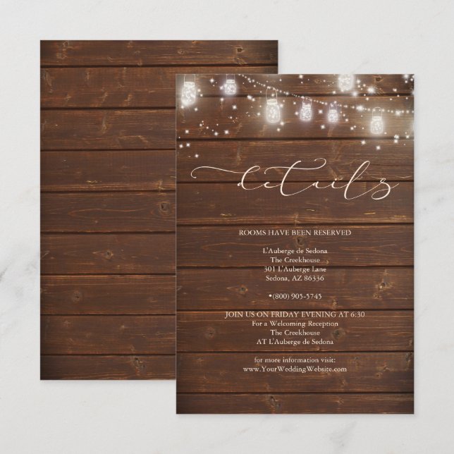 Invitación Detalles del boda: luces de cadena rusticas modern (Anverso / Reverso)