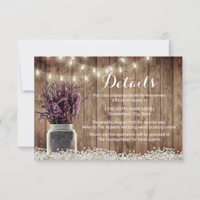 Invitación Detalles del Boda Mason Jar, floral y de lavanda r (Anverso)