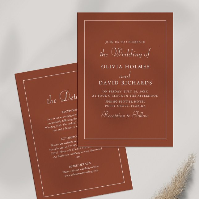 Invitación Detalles del Boda Minimalista moderno Terracotta (Terracotta Modern Minimalist Wedding Details Invitation on white background.)