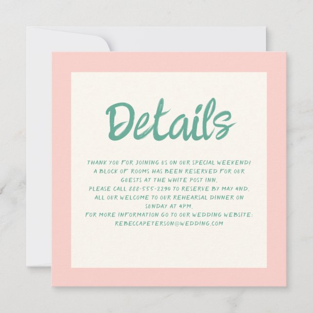Invitación Detalles del Boda retro de escritura a mano rosa y (Anverso)