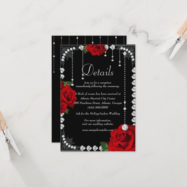 Invitación Detalles del Boda Romántico Roses Rojos Y Diamante (Anverso/Reverso In Situ)