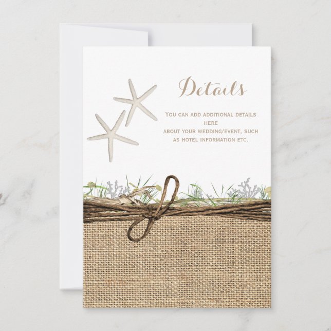 Invitación Detalles del Boda Rústico Coastal Starfish Burlap (Anverso)