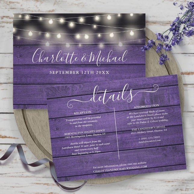 Invitación Detalles del Boda Rústico Purple Wood String Light (Rustic Purple Wood String Lights Wedding Details Invitation)