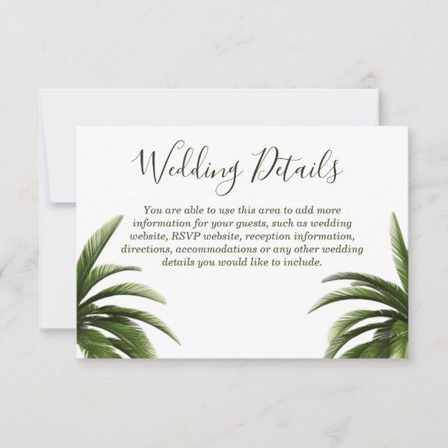 Invitación Detalles del Boda verde del árbol de palmas tropic (Anverso)
