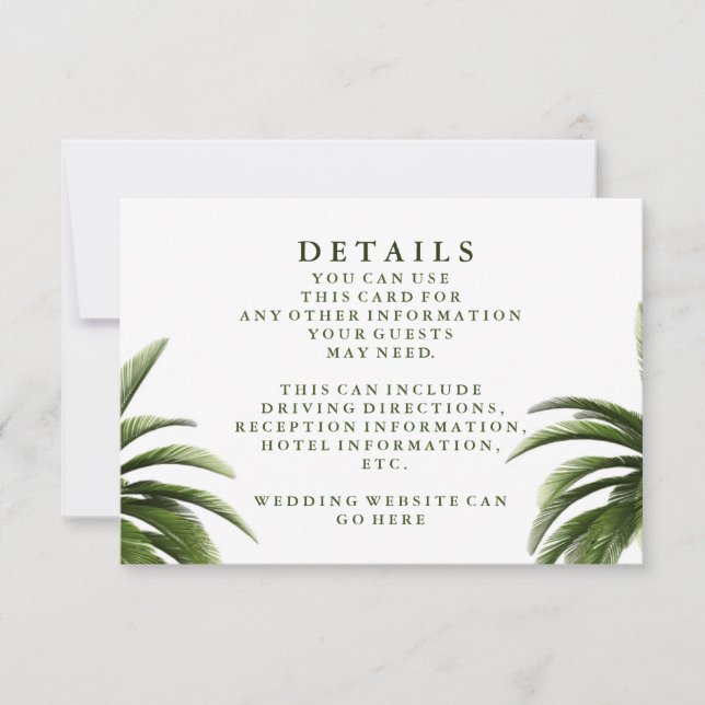 Invitación Detalles del Boda verde del árbol de palmas tropic (Anverso)