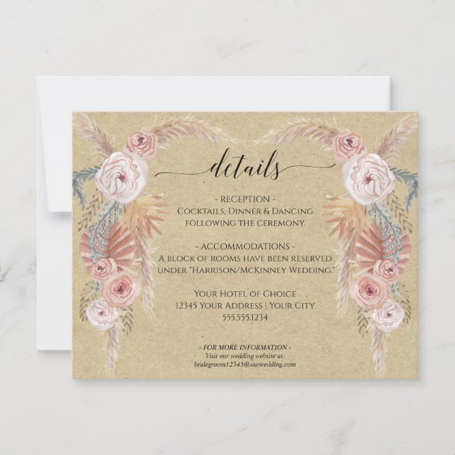 Invitación Detalles del Boho Pampas Boda de Foliage de palma  (Anverso)