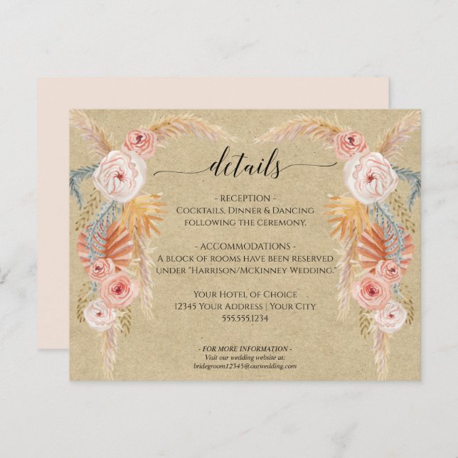Invitación Detalles del Boho Pampas Foliage Kraft Boda (Anverso / Reverso)