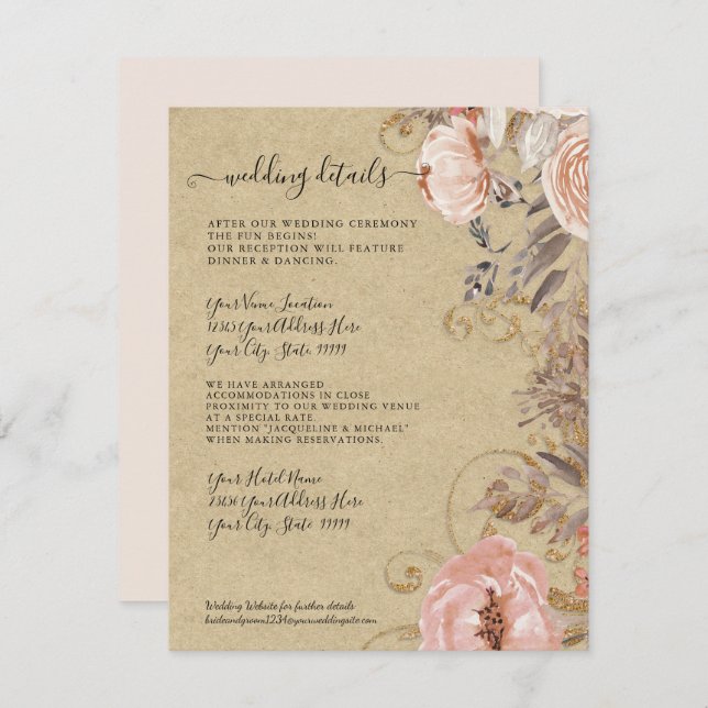 Invitación Detalles del Boho Rustic Floral Rubor Rosa Gold Bo (Anverso / Reverso)