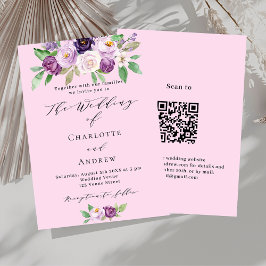 Invitación Detalles del código QR de flores rosadas y púrpura