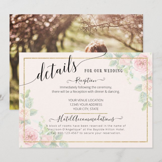 Invitación Detalles del elegante Boda de guiones florales ros (Anverso / Reverso)
