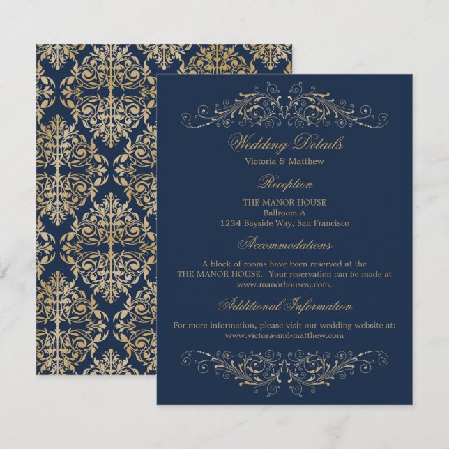 Invitación Detalles del elegante Boda de la Marina Damask con (Anverso / Reverso)