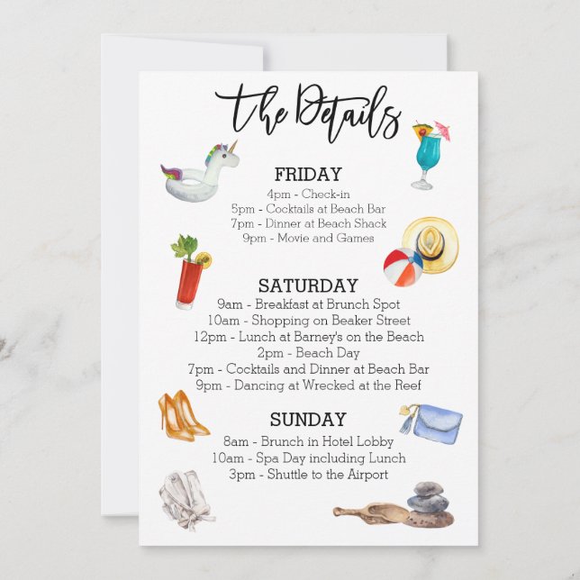 Invitación Detalles del fin de semana de la fiesta de soltera (Reverso)