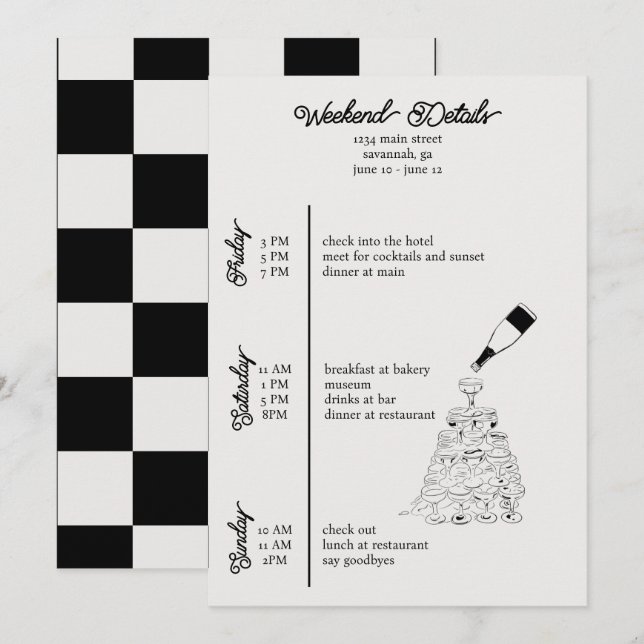 Invitación detalles del fin de semana de soltera en blanco y  (Anverso / Reverso)