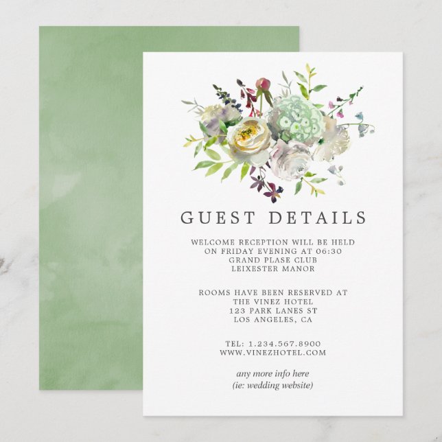 Invitación Detalles del invitado del Boda Sage and White Wate (Anverso / Reverso)