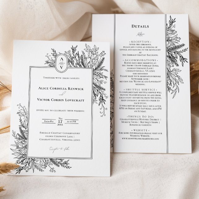 Invitación Detalles del monograma del Boda de verde blanco y  (Subido por el creador)