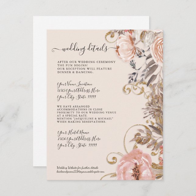 Invitación Detalles del Rosa Boho Dried Floral Rubor Gold Bod (Anverso / Reverso)