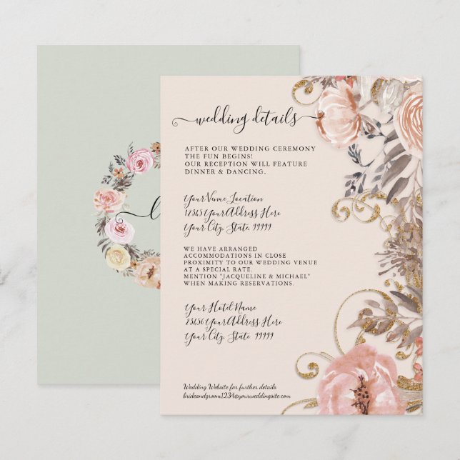 Invitación Detalles del Rosa Boho Dried Floral Rubor Gold Bod (Anverso / Reverso)