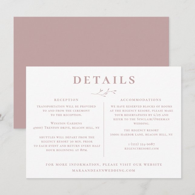 Invitación Detalles del Rosa de la rama botánica Dusty Mauve  (Anverso / Reverso)