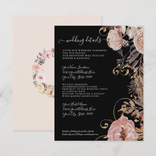Invitación Detalles del Rosa Floral Boho Rubor Gold Dried Bod (Anverso / Reverso)