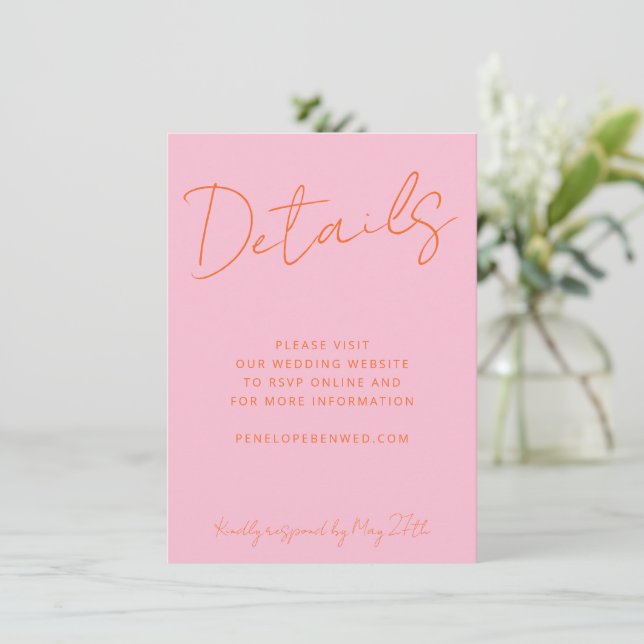 Invitación Detalles del sitio web del Boda Naranja Rosado de  (Anverso de pie)