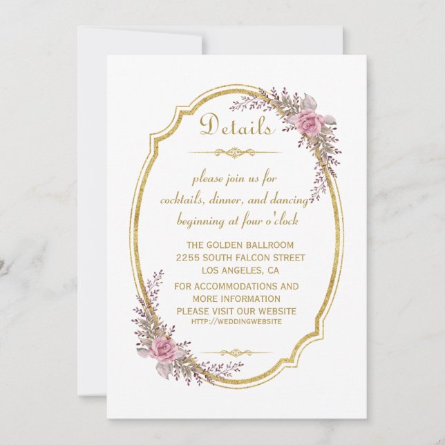 Invitación Detalles elegantes del Boda del marco dorado flora (Anverso)