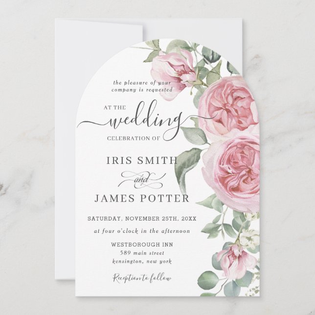 Invitación Detalles elegantes del Boda floral rosa rosa Rubor (Anverso)