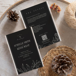 Invitación Detalles elegantes rústicos florales negros QR Bod