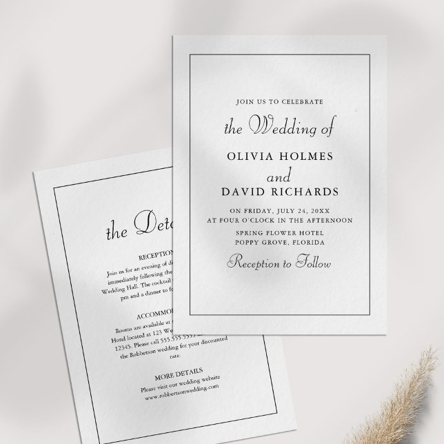 Invitación Detalles elegantes y Minimalistas de Boda (Elegant Modern Minimalist Wedding Details Invitation on a white table.)