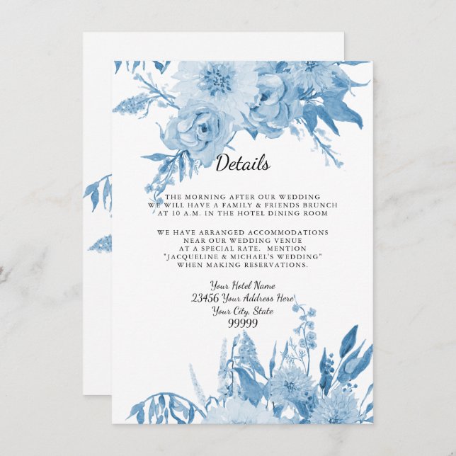 Invitación Detalles en el Hotel Elegant Light Blue n White Fl (Anverso / Reverso)