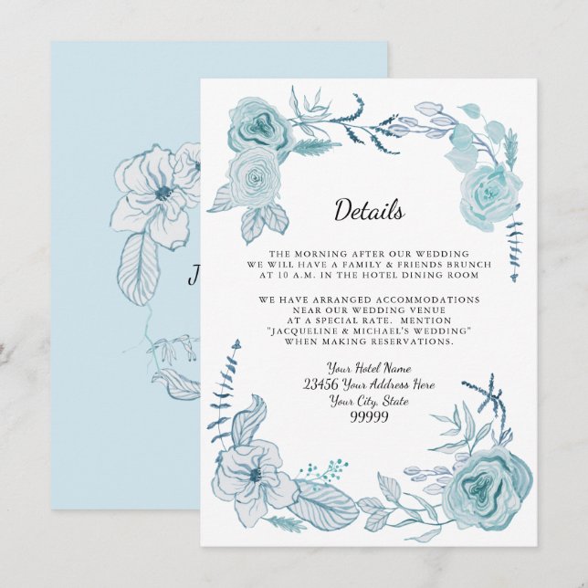 Invitación Detalles en Hotel Azul Blanco Boho Floral Acuarela (Anverso / Reverso)