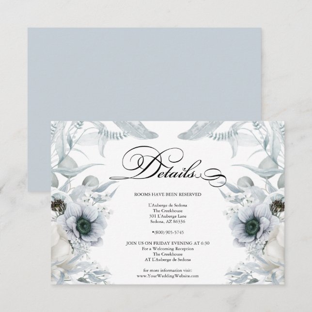 Invitación DETALLES | Flores azules pasteles (Anverso / Reverso)