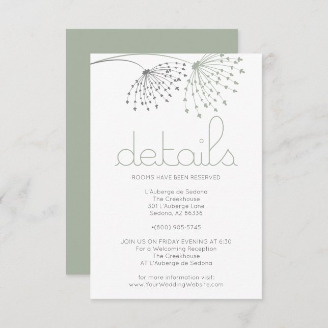 Invitación DETALLES | Flores de doodles verdes de sabores cap (Anverso / Reverso)