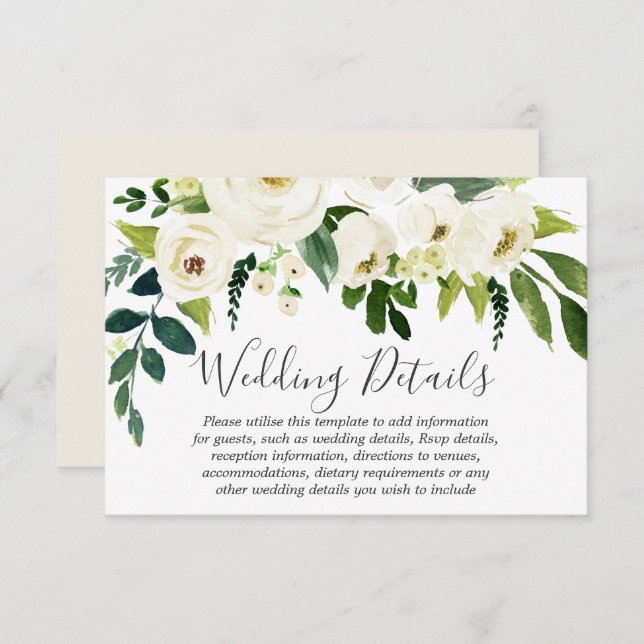 Invitación Detalles Hermosos de Boda de Crema Floral Blanca (Anverso / Reverso)