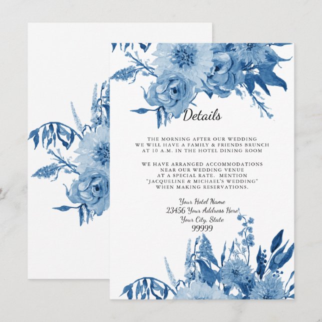 Invitación Detalles Hotel Alojamiento Azul n Floral Blanco (Anverso / Reverso)
