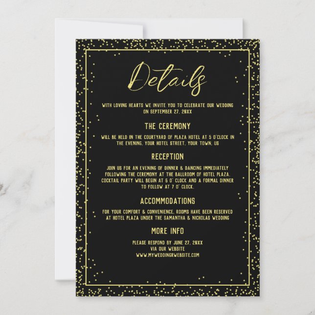 Invitación Detalles mínimos del Boda negro y dorado (Anverso)