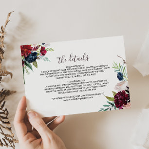 Invitación Detalles modernos del Boda floral de Borgoña Inser