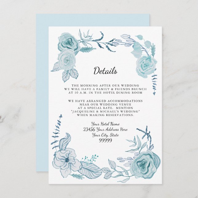 Invitación Detalles n Hotel Azul Blanco Boho Acuarela Floral (Anverso / Reverso)