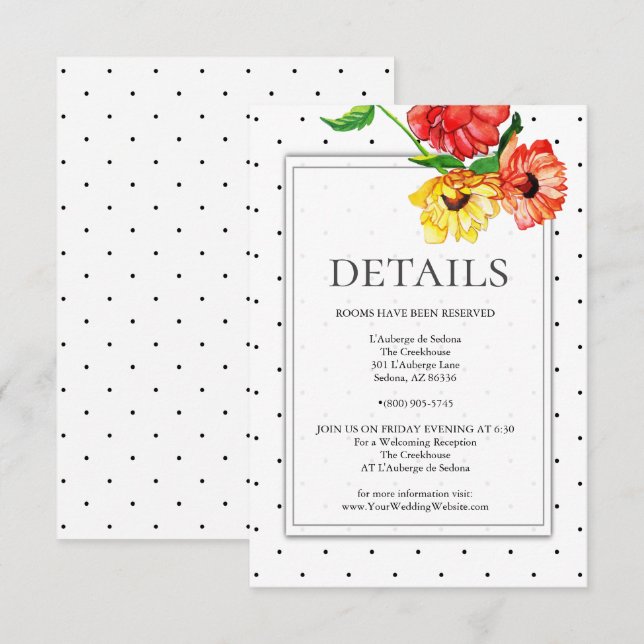 Invitación DETALLES | Rojo y amarillo spray floral (Anverso / Reverso)