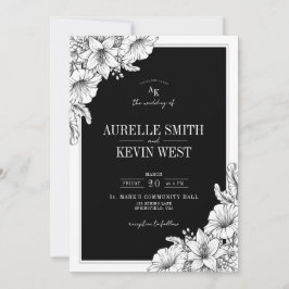 Invitación Detalles Rústicos Florales Negros Blancos Boda QR 