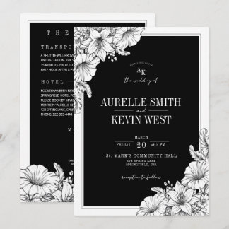 Invitación Detalles Rústicos Florales Negros Blancos Boda QR 