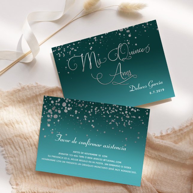 Invitación Detalles verde azulados de plata RSVP Mis Quince A (Subido por el creador)