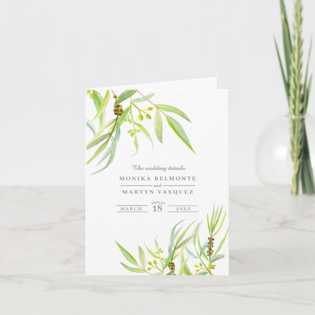 Invitación Detalles verdes de Eucalyptus y recinto del boda d (Anverso)