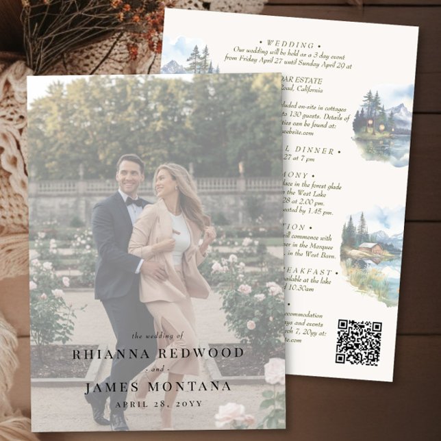 Invitación Detalles y foto de la boda de destino del lago Cou (Details qr code & photo wedding invitation from the Country Lake wedding collection by Darling & May)